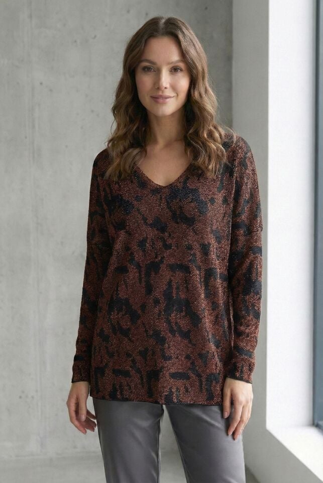 Kadın Simli Desenli V Yaka Triko Kazak