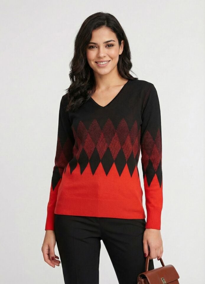 Kadın Baklava Desenli V Yaka Kazak