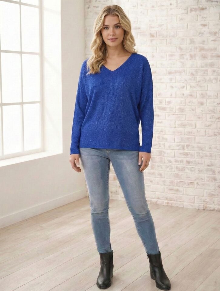 Kadın V Yaka Simli Triko Kazak