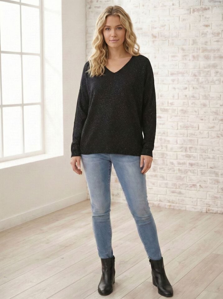 Kadın V Yaka Simli Triko Kazak