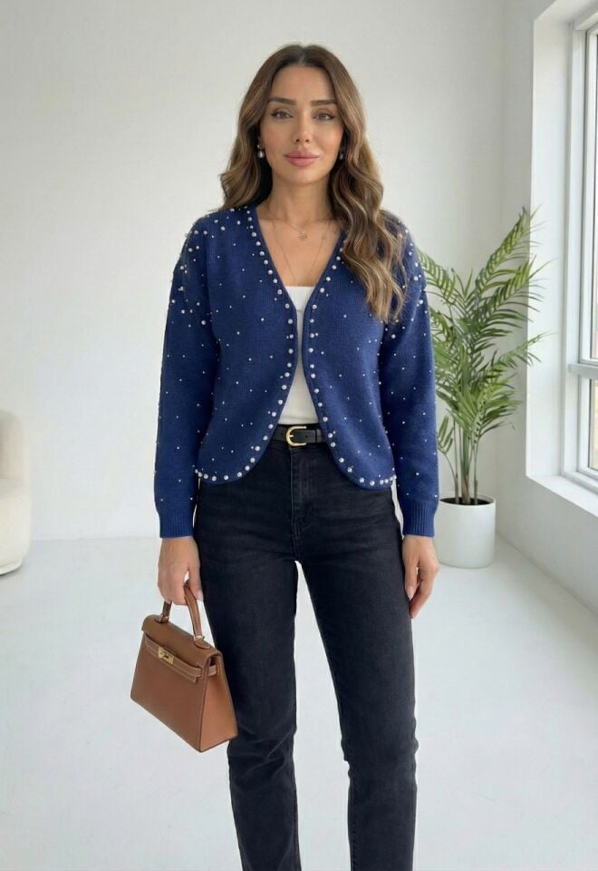 Kadın İnci Detaylı Triko Hırka