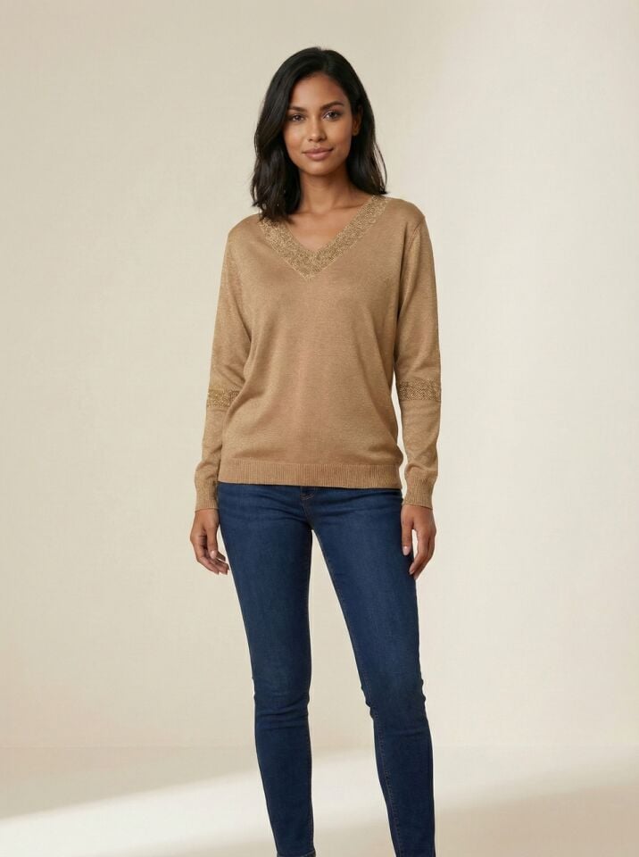 Kadın Kol Ve Yaka Detaylı Simli Triko Kazak