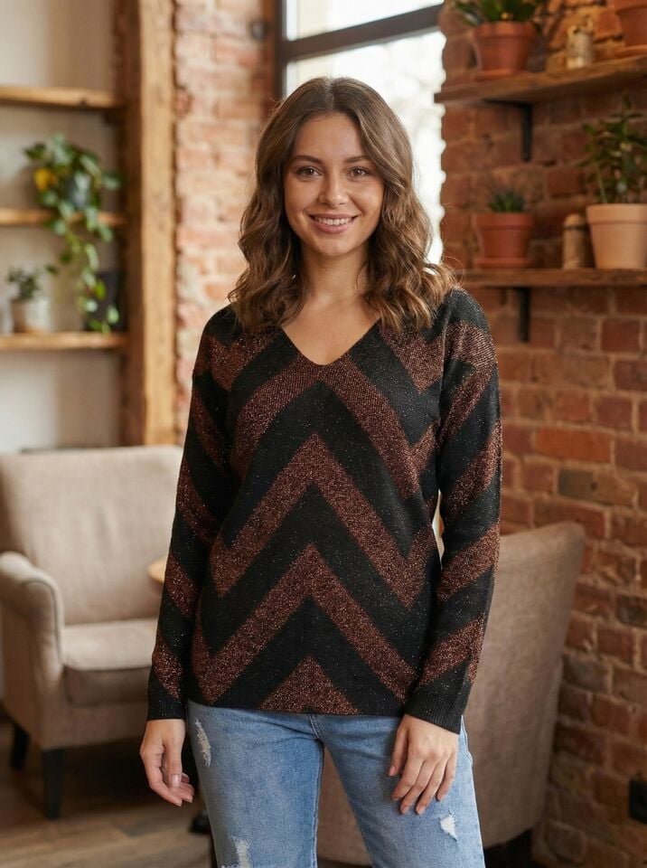 Kadın Simli Zigzag Desenli Triko Kazak